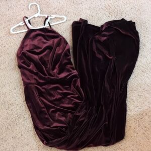 David's Bridal Halter High Neck Velvet Maxi Dress in Wine Color